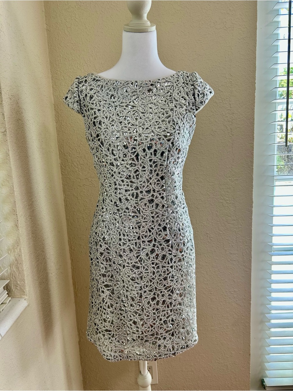 Adrianna Papell Silver Beaded Cap-Sleeve Sheath Dress